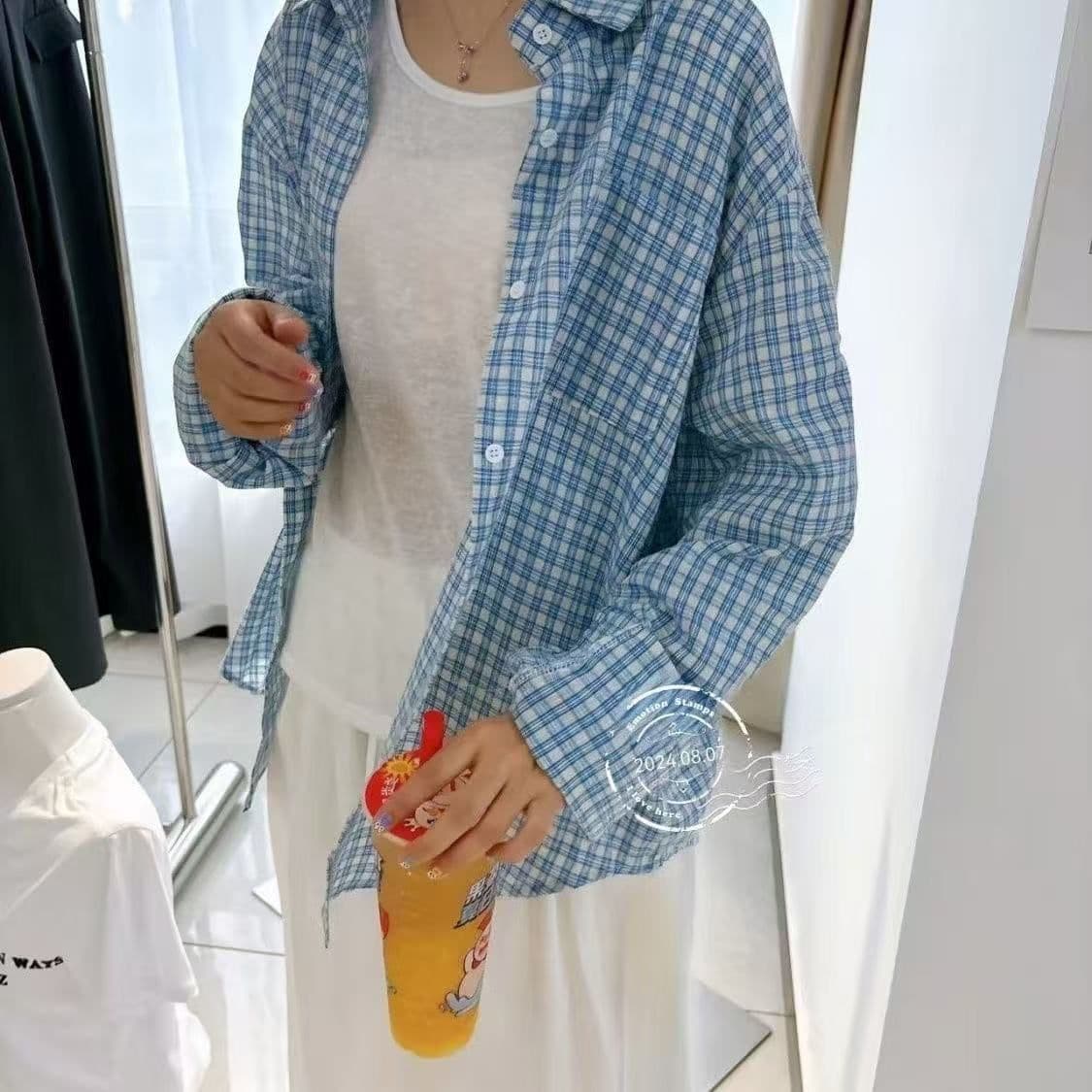 파란색 체크무늬 긴팔 셔츠 여름 새로운 루즈핏 셔츠 자외선 차단 재킷 오픈 가디건 캐주얼 맨위 상세 이미지 8