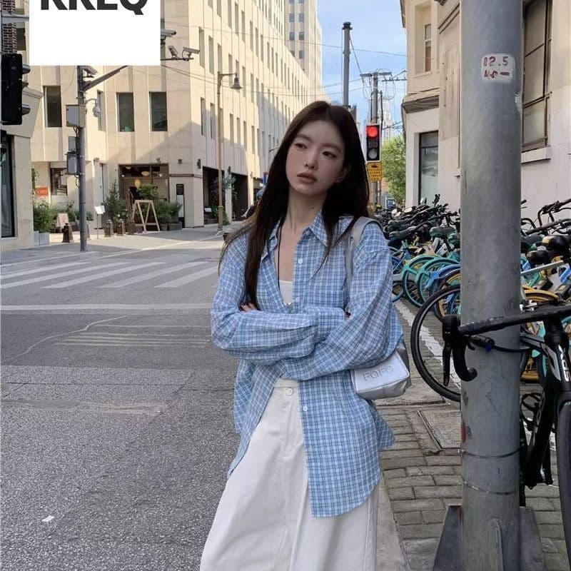파란색 체크무늬 긴팔 셔츠 여름 새로운 루즈핏 셔츠 자외선 차단 재킷 오픈 가디건 캐주얼 맨위 상세 이미지 12
