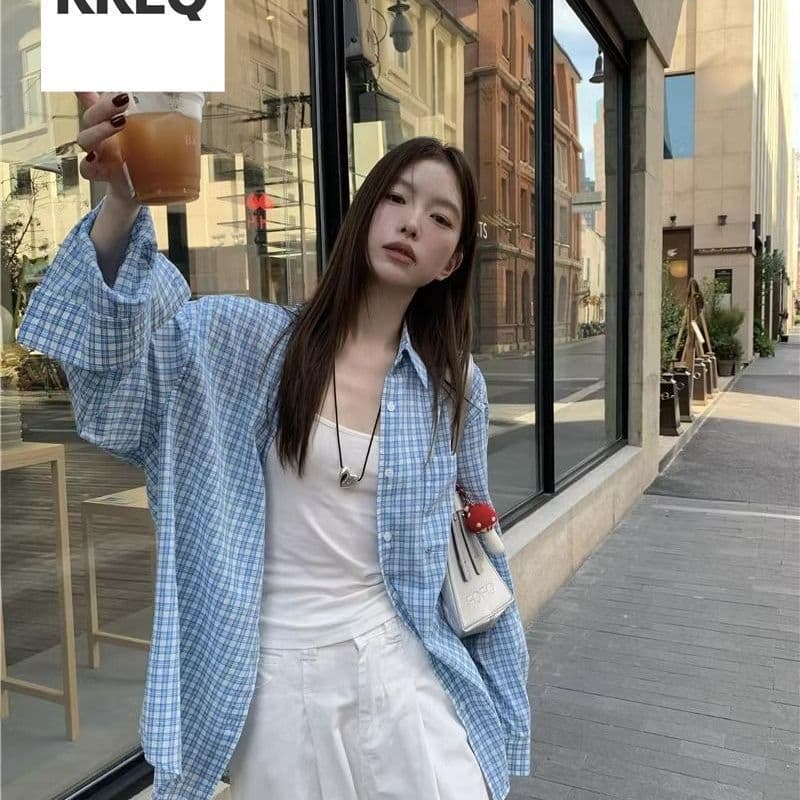 파란색 체크무늬 긴팔 셔츠 여름 새로운 루즈핏 셔츠 자외선 차단 재킷 오픈 가디건 캐주얼 맨위 상세 이미지 13