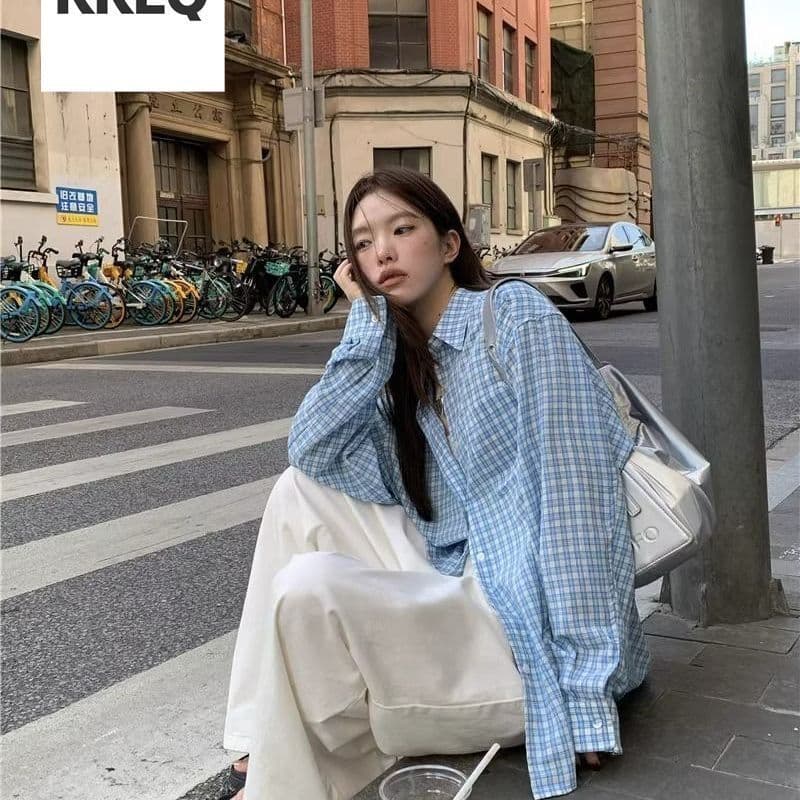 파란색 체크무늬 긴팔 셔츠 여름 새로운 루즈핏 셔츠 자외선 차단 재킷 오픈 가디건 캐주얼 맨위 상세 이미지 14