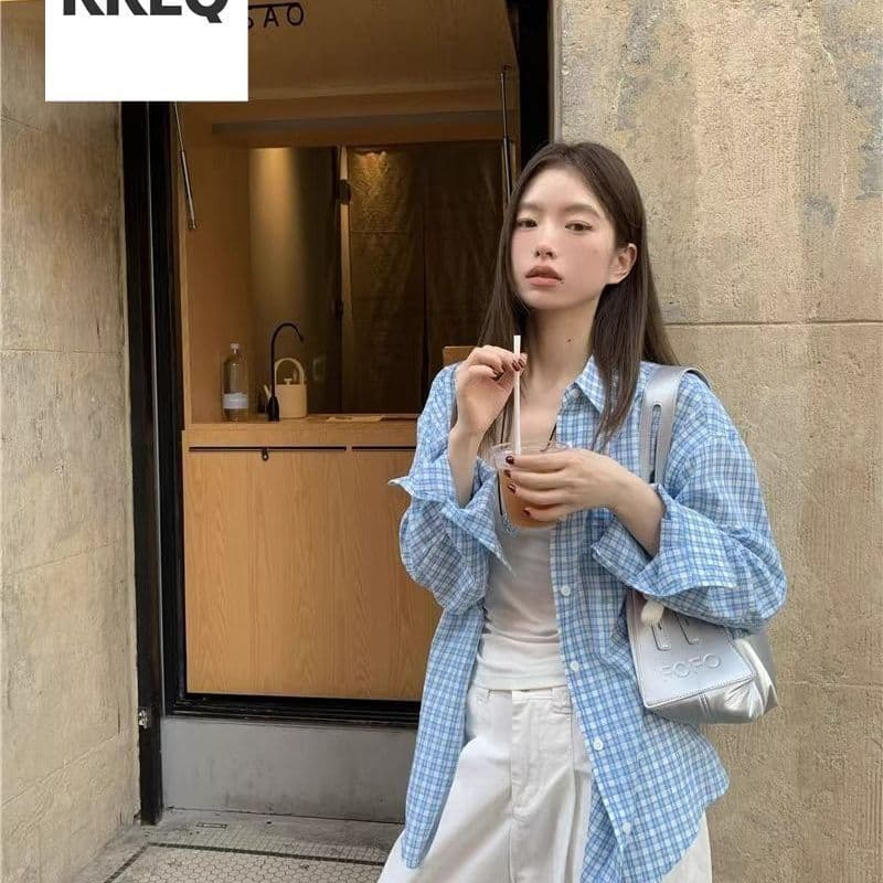 파란색 체크무늬 긴팔 셔츠 여름 새로운 루즈핏 셔츠 자외선 차단 재킷 오픈 가디건 캐주얼 맨위 상세 이미지 16