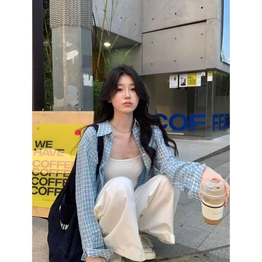 파란색 체크무늬 긴팔 셔츠 여름 새로운 루즈핏 셔츠 자외선 차단 재킷 오픈 가디건 캐주얼 맨위 상세 이미지 19
