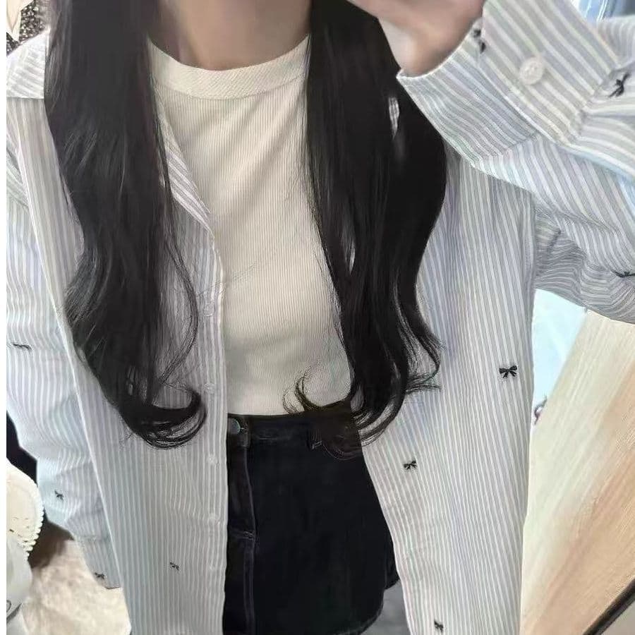 나비 매듭 연령 감소 스트라이프 여성 셔츠 디자인 센스 한 부서 루즈핏 캐주얼 셔츠 긴팔 자외선 차단 맨위 재킷 트렌디 이미지 2