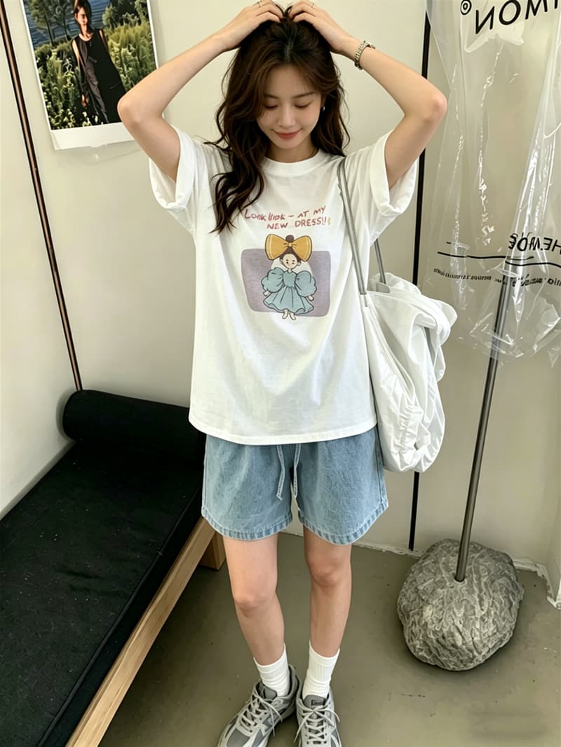 순면 이후 패키지 칼라 여름 드레스 한 부서 반팔 티셔츠 여성 한국 스타일 루즈핏 빅 사이즈 프린트 상세 이미지 5