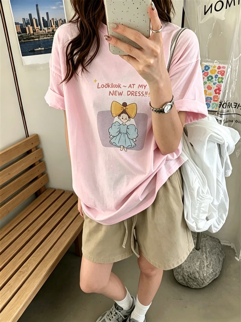 순면 이후 패키지 칼라 여름 드레스 한 부서 반팔 티셔츠 여성 한국 스타일 루즈핏 빅 사이즈 프린트 상세 이미지 6