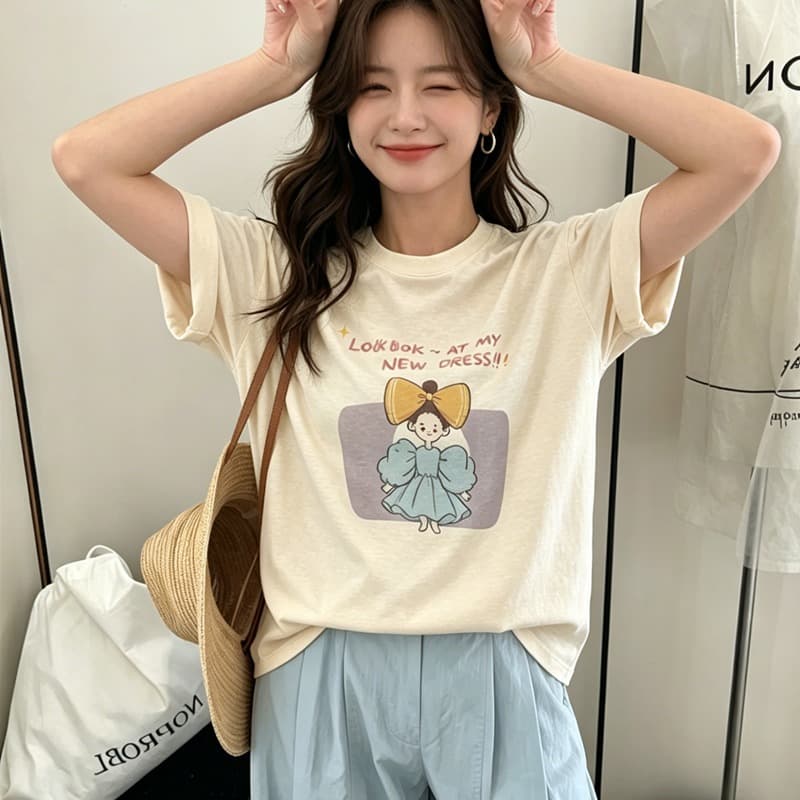 순면 이후 패키지 칼라 여름 드레스 한 부서 반팔 티셔츠 여성 한국 스타일 루즈핏 빅 사이즈 프린트 이미지 5