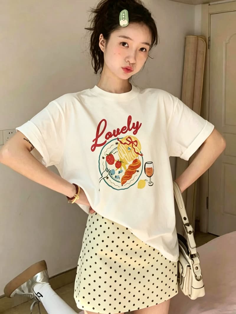 순면 이후 패키지 칼라 여름 드레스 한 부서 반팔 티셔츠 여성 한국 스타일 루즈핏 빅 사이즈 프린트 이미지 2