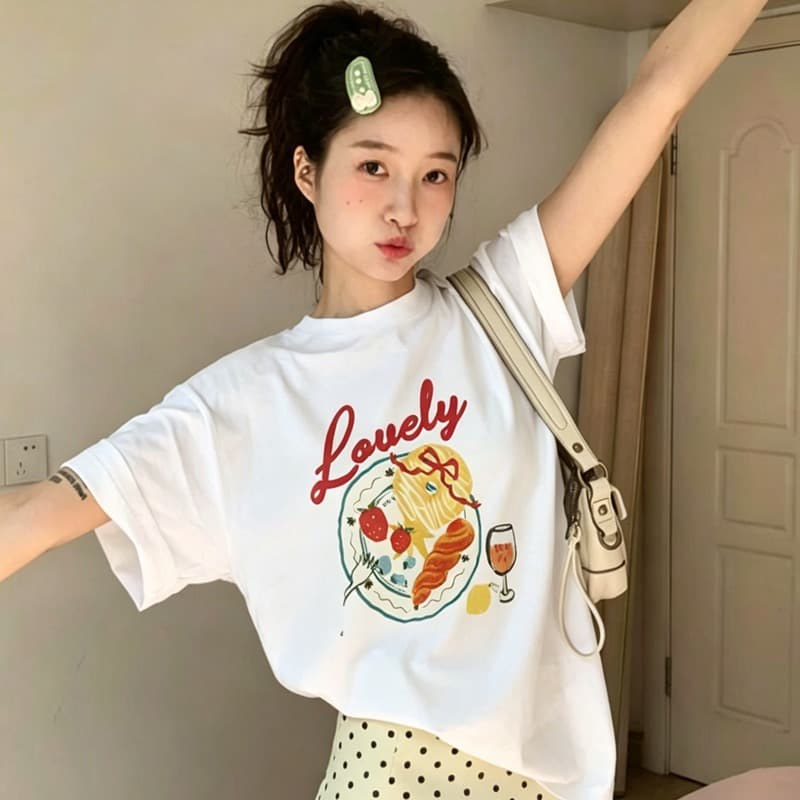 순면 이후 패키지 칼라 여름 드레스 한 부서 반팔 티셔츠 여성 한국 스타일 루즈핏 빅 사이즈 프린트 이미지 5