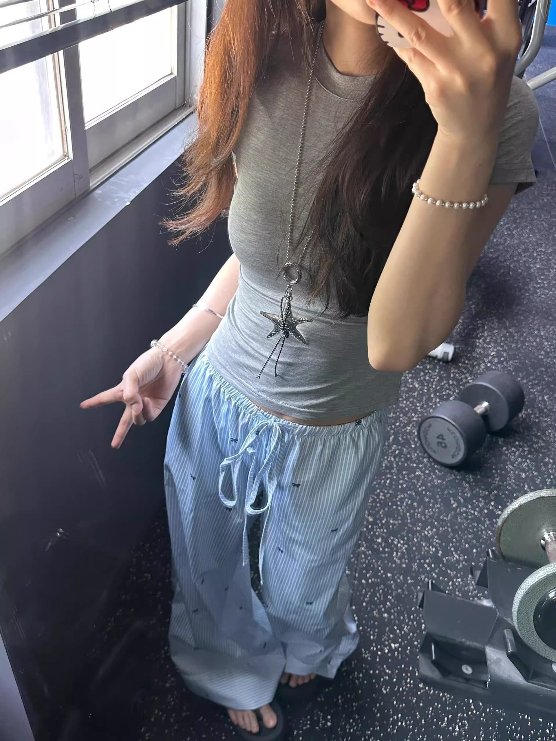 파란색 나비 매듭 스트라이프 캐주얼 바지 여성 여름 루즈핏 키 큰 남자 스트레이트 와이드 레그 팬츠 바닥 청소 롱 바지 상세 이미지 7