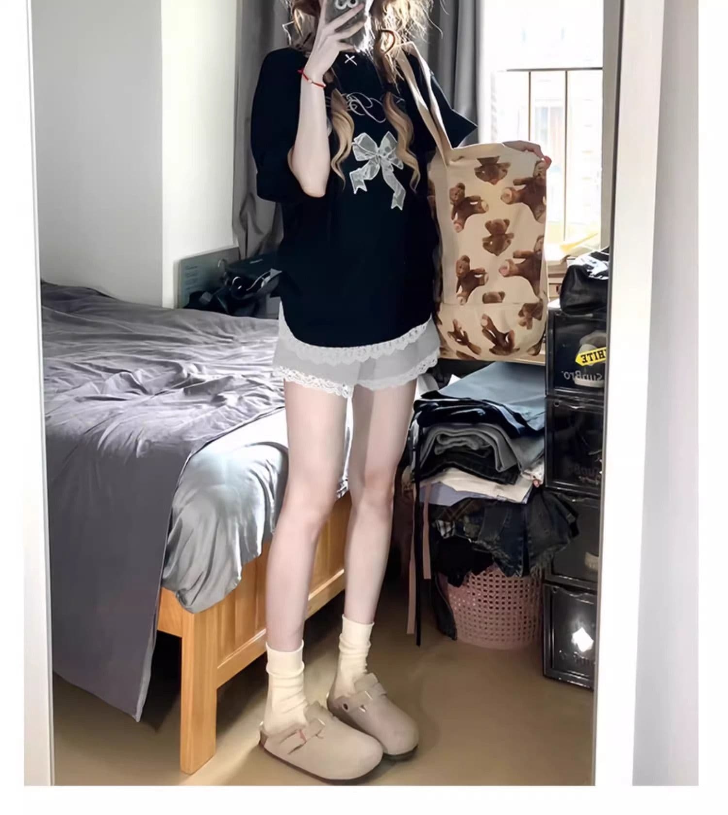 레이스 레이스 반바지 여성 여름 얇은 캐주얼 루즈핏 하이웨이스트 외출용 작은 키 핫걸 회색 3 점 바지 상세 이미지 18