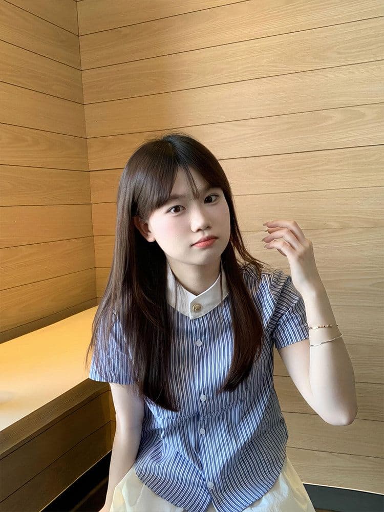 학원 스타일 자수 파란색 스트라이프 반팔 셔츠 여름 다용도 슬림해 보이는 작은 대중 디자인 셔츠 상세 이미지 6