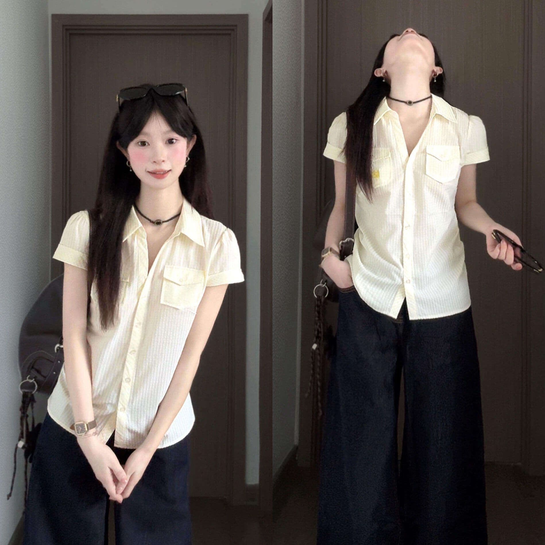 한 부서 미니멀리즘 폴로 칼라 반팔 여성 셔츠 여름 품격 몸매 가꾸기 슬림해 보이는 캐주얼 패션 맨위 이미지 5