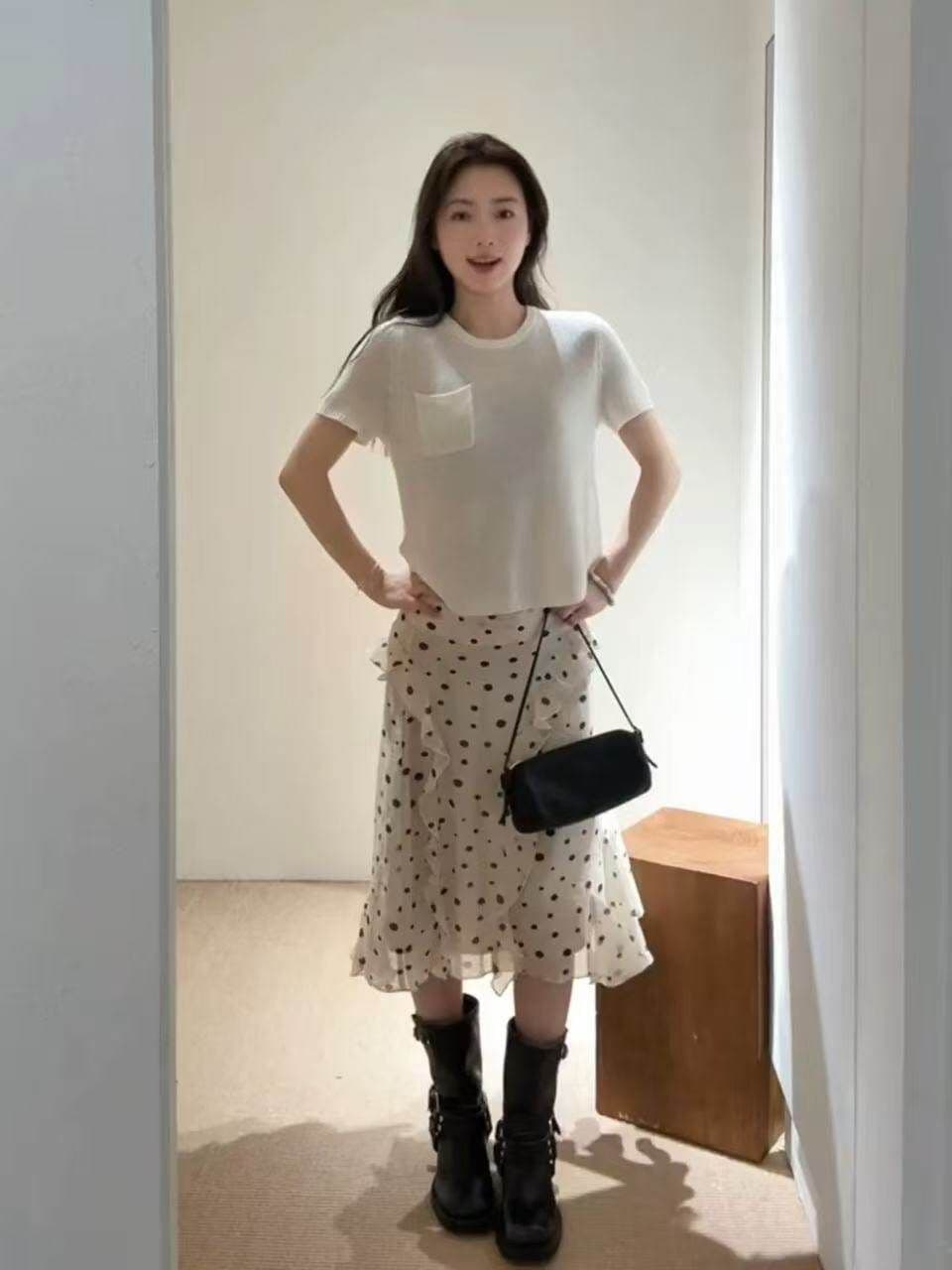 새로운 슈퍼 요정 부드러운 바람 프릴 도트 무늬 반신 스커트 여성 슬림해 보이는 한 마디 중간 길이 스커트 상세 이미지 5