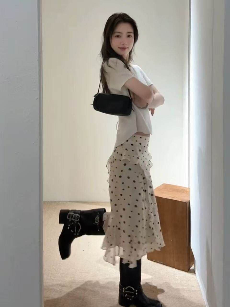 새로운 슈퍼 요정 부드러운 바람 프릴 도트 무늬 반신 스커트 여성 슬림해 보이는 한 마디 중간 길이 스커트 상세 이미지 6