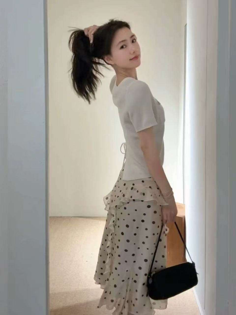 새로운 슈퍼 요정 부드러운 바람 프릴 도트 무늬 반신 스커트 여성 슬림해 보이는 한 마디 중간 길이 스커트 상세 이미지 7
