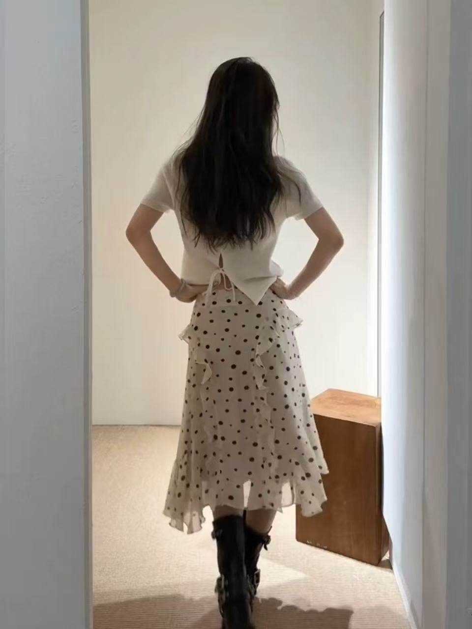 새로운 슈퍼 요정 부드러운 바람 프릴 도트 무늬 반신 스커트 여성 슬림해 보이는 한 마디 중간 길이 스커트 상세 이미지 8
