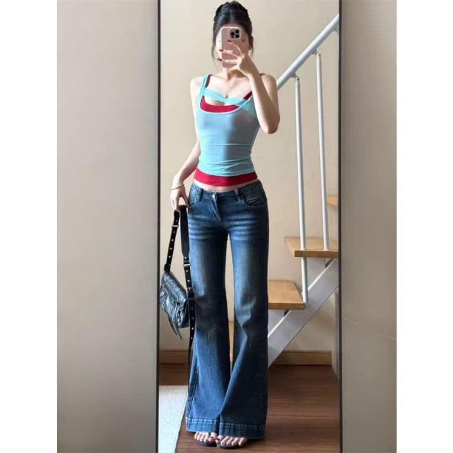 순면 이중층 배색 페이크 레이어드 캐미솔 상세 이미지 5