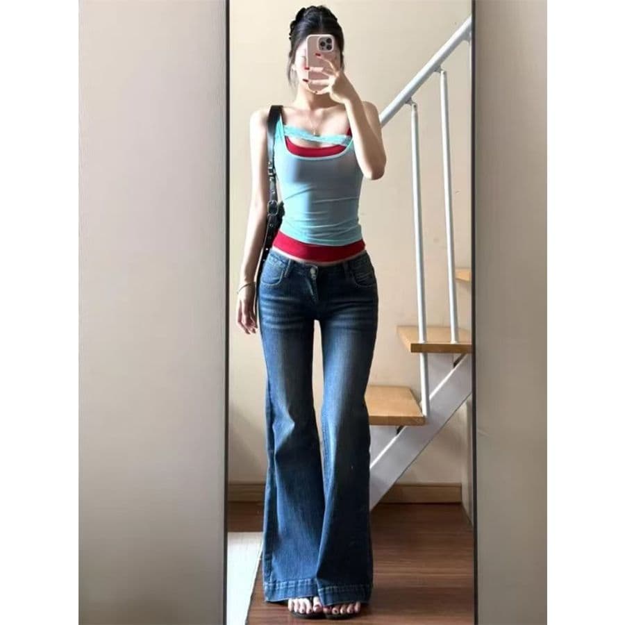 순면 이중층 배색 페이크 레이어드 캐미솔 상세 이미지 6