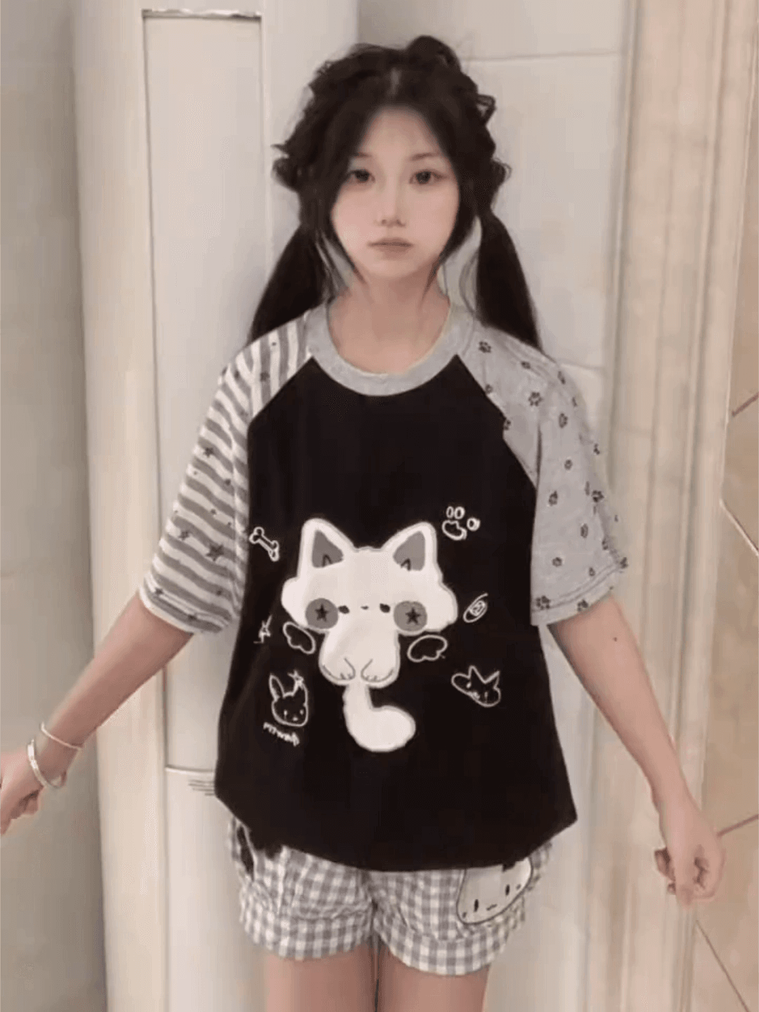 순면 고양이 자수 루즈핏 삽입 어깨 소매 티셔츠 상세 이미지 7
