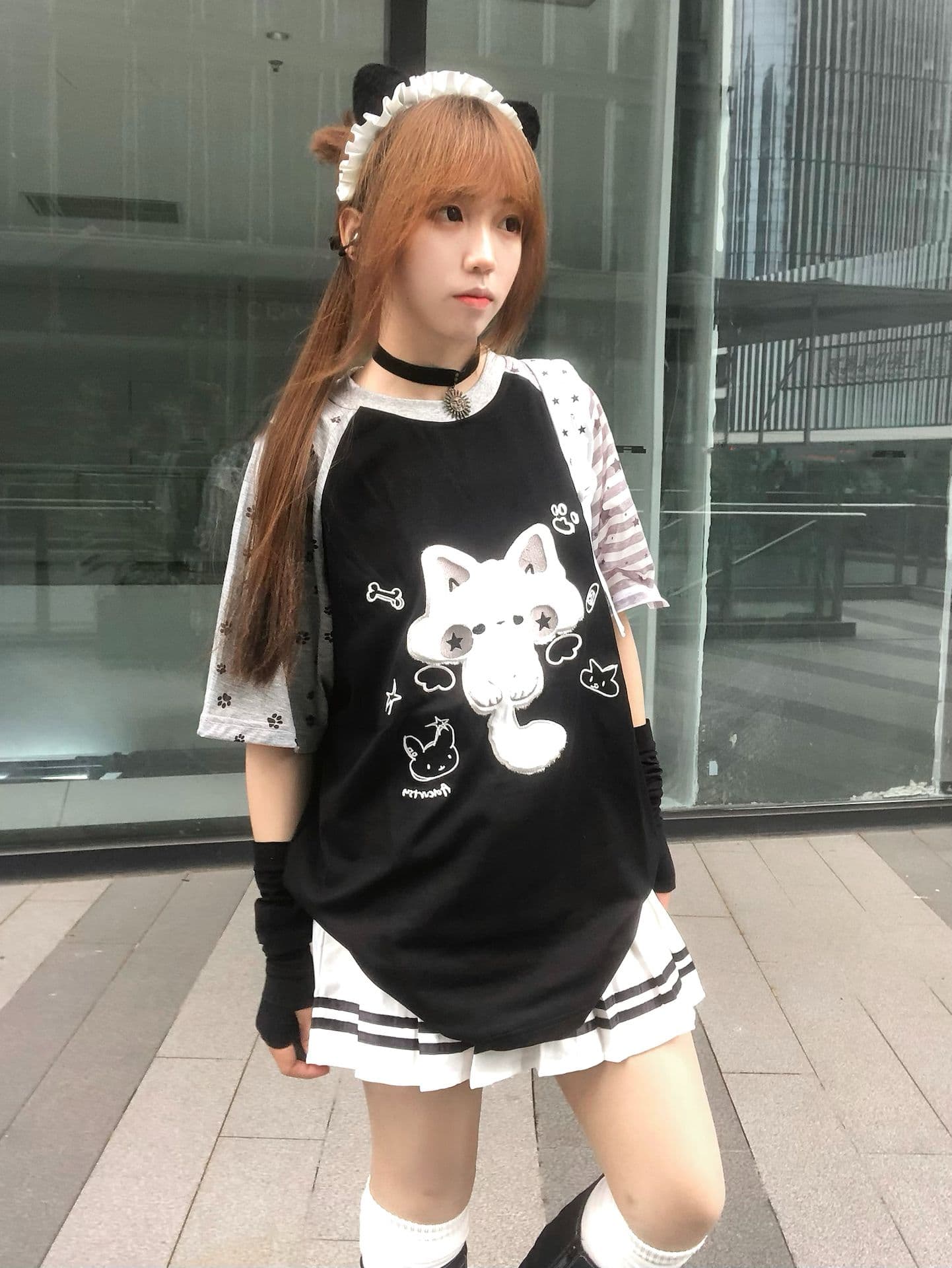 순면 고양이 자수 루즈핏 삽입 어깨 소매 티셔츠 상세 이미지 11