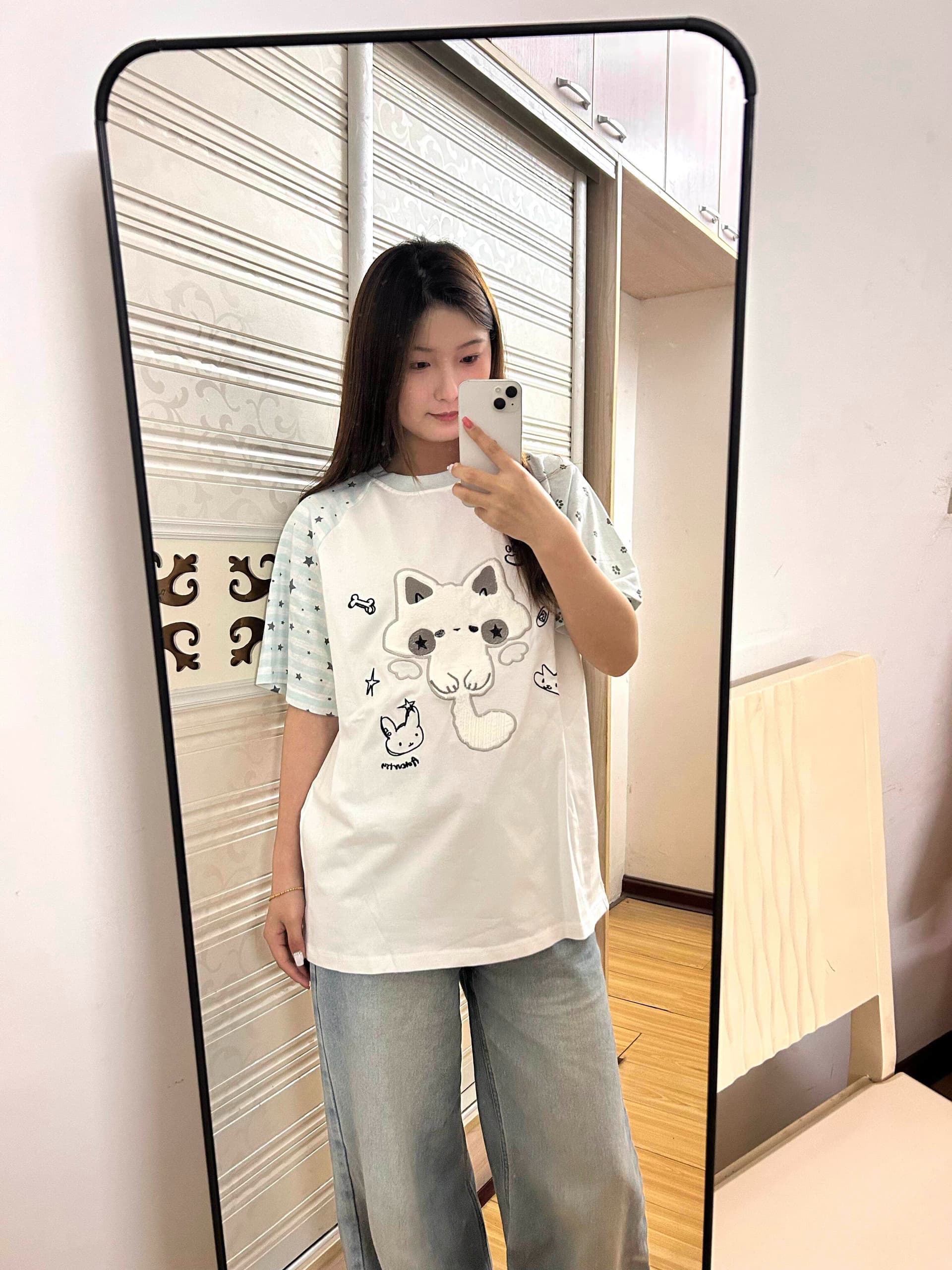 순면 고양이 자수 루즈핏 삽입 어깨 소매 티셔츠 상세 이미지 4