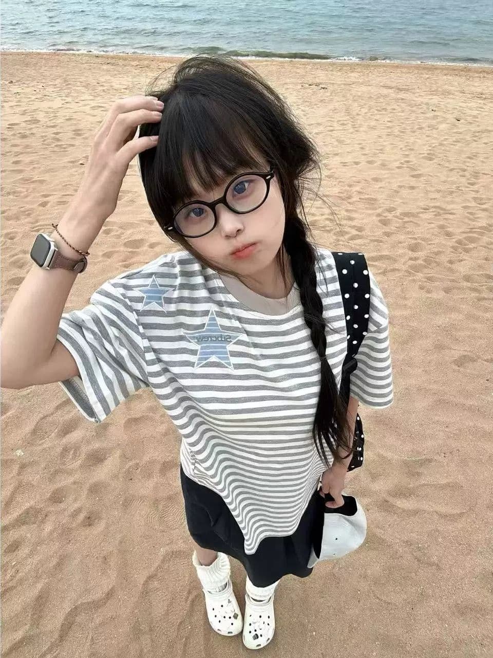 순면 한국 스타일 패션 자수 스트라이프 루즈핏 티셔츠 이미지 3