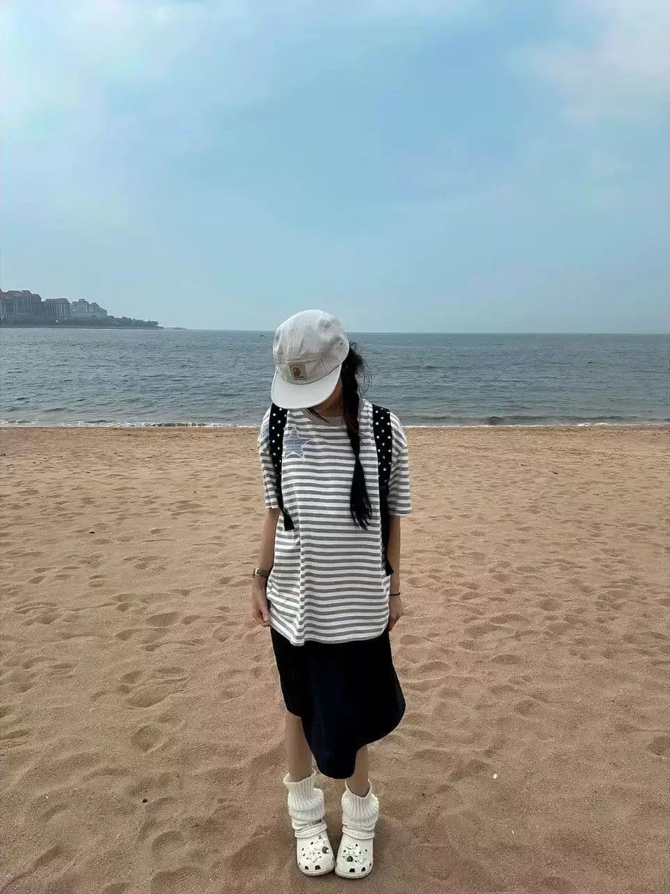 순면 한국 스타일 패션 자수 스트라이프 루즈핏 티셔츠 상세 이미지 5