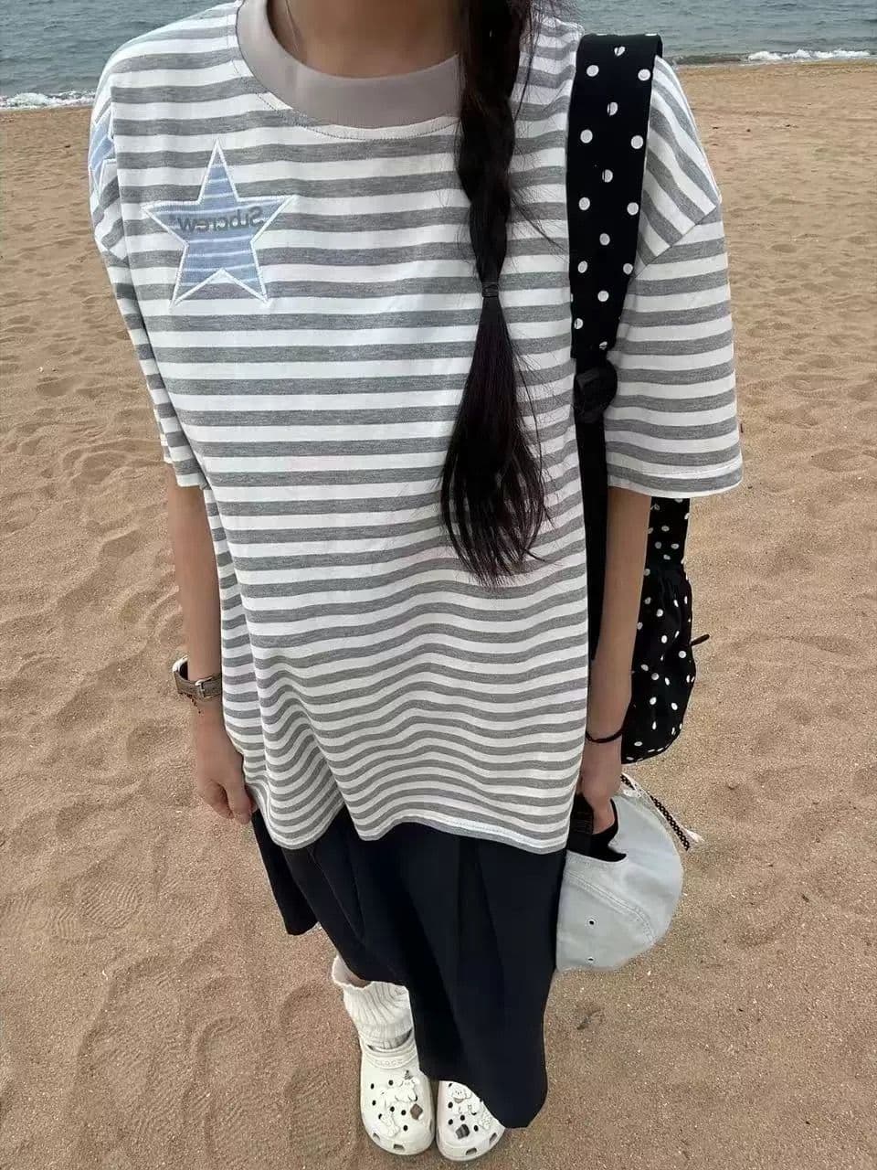 순면 한국 스타일 패션 자수 스트라이프 루즈핏 티셔츠 상세 이미지 6