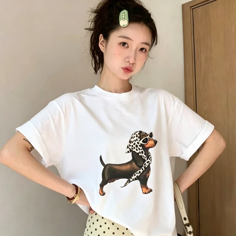 순면 이후 패키지 칼라 여름 드레스 한 부서 반팔 티셔츠 여성 한국 스타일 루즈핏 빅 사이즈 프린트 이미지 5