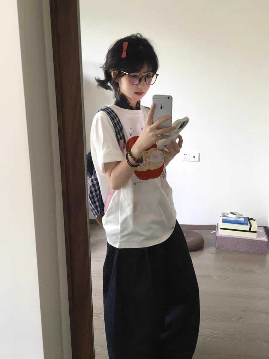 순면 이후 패키지 칼라 여름 드레스 한 부서 반팔 티셔츠 여성 한국 스타일 루즈핏 빅 사이즈 프린트 상세 이미지 4