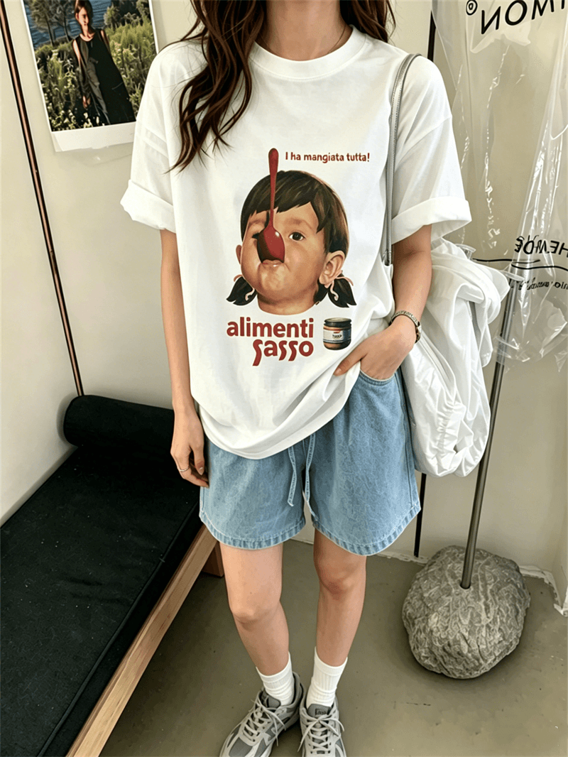 순면 이후 패키지 칼라 여름 드레스 한 부서 반팔 티셔츠 여성 한국 스타일 루즈핏 빅 사이즈 프린트 이미지 3