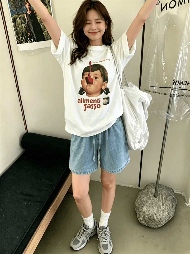 순면 이후 패키지 칼라 여름 드레스 한 부서 반팔 티셔츠 여성 한국 스타일 루즈핏 빅 사이즈 프린트 상세 이미지 2