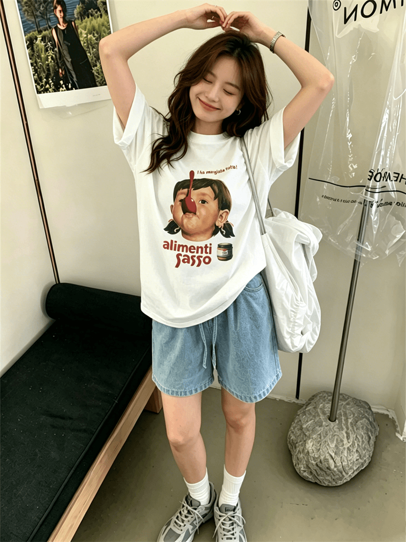순면 이후 패키지 칼라 여름 드레스 한 부서 반팔 티셔츠 여성 한국 스타일 루즈핏 빅 사이즈 프린트 상세 이미지 4