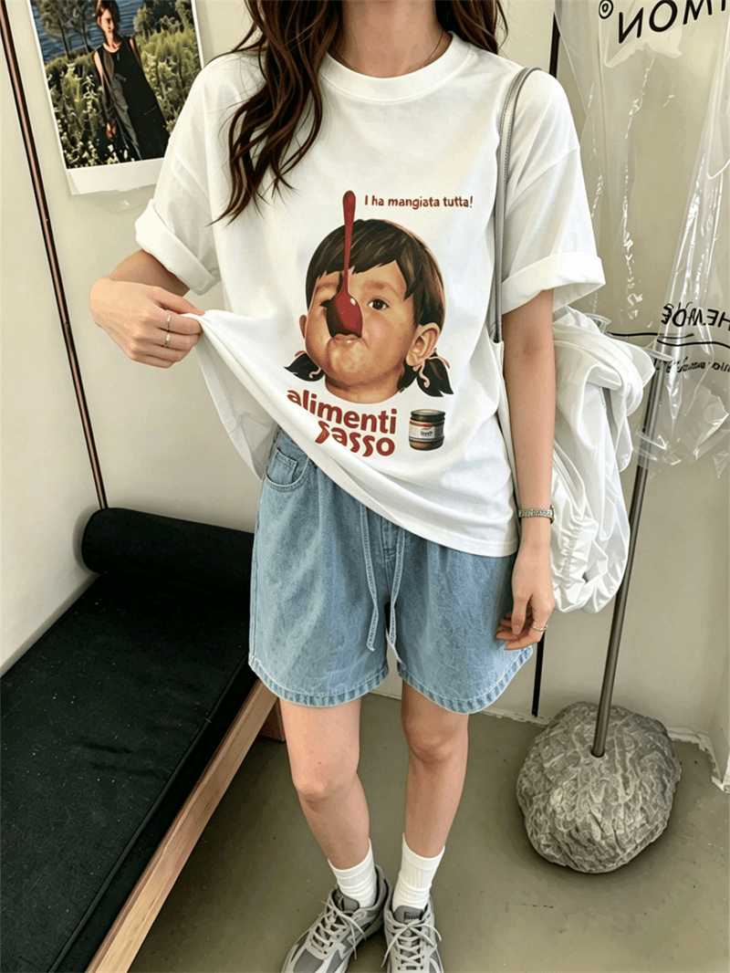순면 이후 패키지 칼라 여름 드레스 한 부서 반팔 티셔츠 여성 한국 스타일 루즈핏 빅 사이즈 프린트 상세 이미지 5
