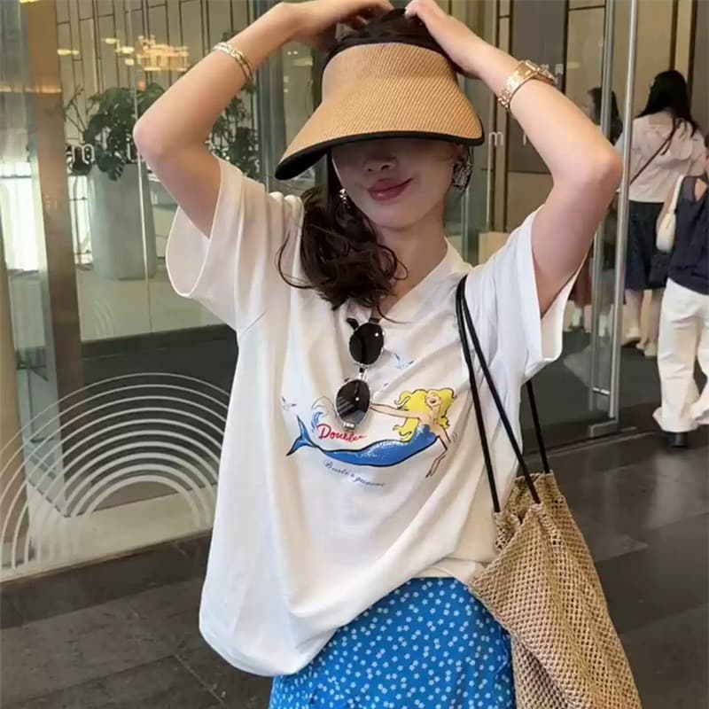 순면 이후 패키지 칼라 여름 드레스 한 부서 반팔 티셔츠 여성 한국 스타일 루즈핏 빅 사이즈 프린트 이미지 5