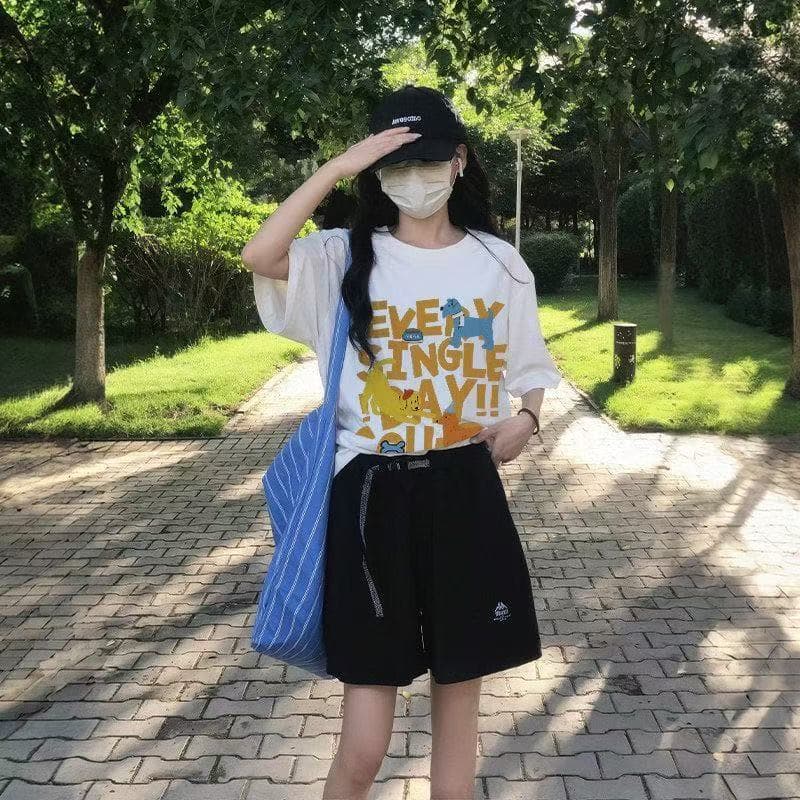 순면 이후 패키지 칼라 여름 드레스 한 부서 반팔 티셔츠 여성 한국 스타일 루즈핏 빅 사이즈 프린트 상세 이미지 3