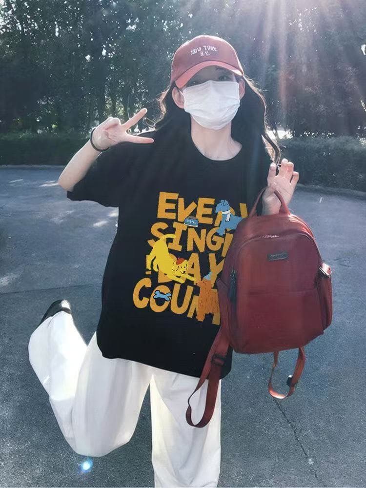 순면 이후 패키지 칼라 여름 드레스 한 부서 반팔 티셔츠 여성 한국 스타일 루즈핏 빅 사이즈 프린트 상세 이미지 5