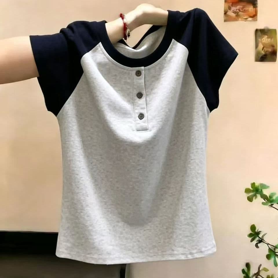 순면 패션 다용도 배색 삽입 어깨 소매 몸매 가꾸기 반팔 티셔츠 이미지 4