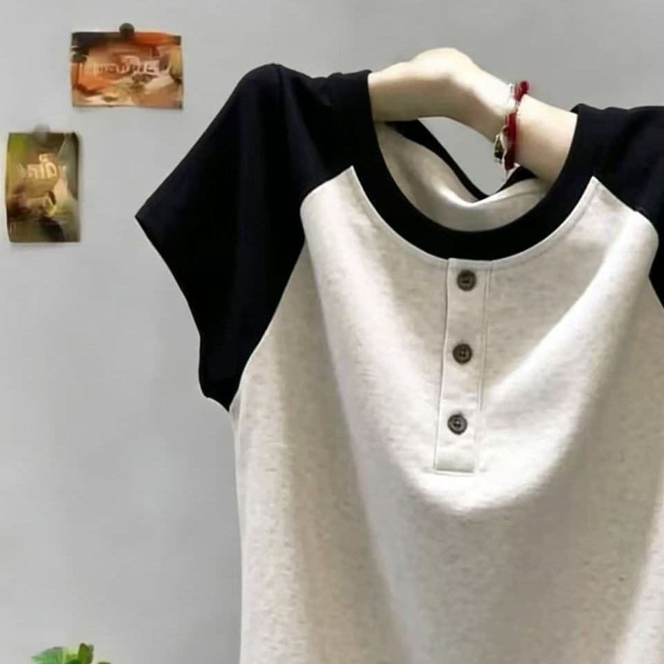 순면 패션 다용도 배색 삽입 어깨 소매 몸매 가꾸기 반팔 티셔츠 이미지 5