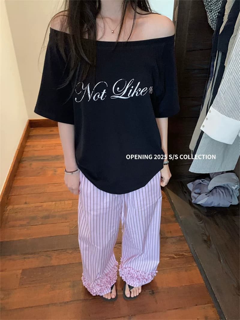 92 면 8 암모니아 Lun 비스듬한 칼라 오프숄더 오프숄더 반팔 티셔츠 여성 프린트 상세 이미지 2