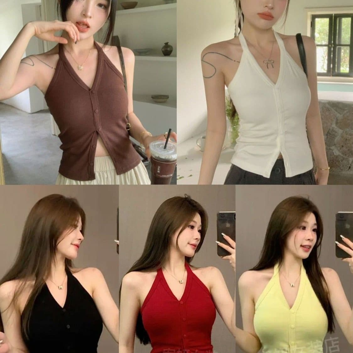 사람들 면 배색 스트랩 나비 매듭 어깨끈 캐미솔 핫걸 몸매 가꾸기 알파벳 자수 아름다움 뒤로 민소매 맨위 상세 이미지 1