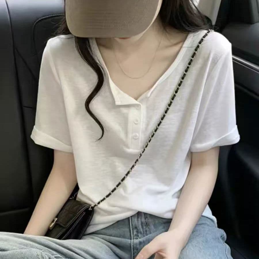 눈꽃 면 캐주얼 느긋한 바람 반팔 티셔츠 여성 여름 패션 디자인 센스 긍정적 인 어깨 의류 이미지 3