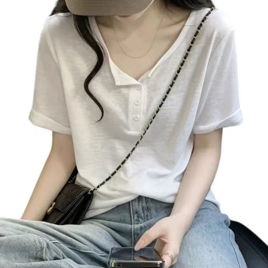 눈꽃 면 캐주얼 느긋한 바람 반팔 티셔츠 여성 여름 패션 디자인 센스 긍정적 인 어깨 의류 이미지 5