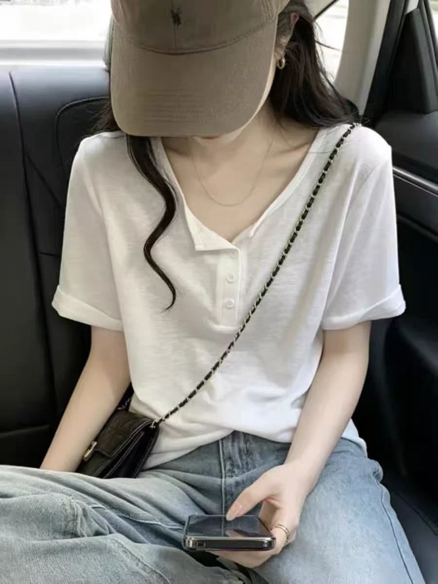 눈꽃 면 캐주얼 느긋한 바람 반팔 티셔츠 여성 여름 패션 디자인 센스 긍정적 인 어깨 의류 상세 이미지 2