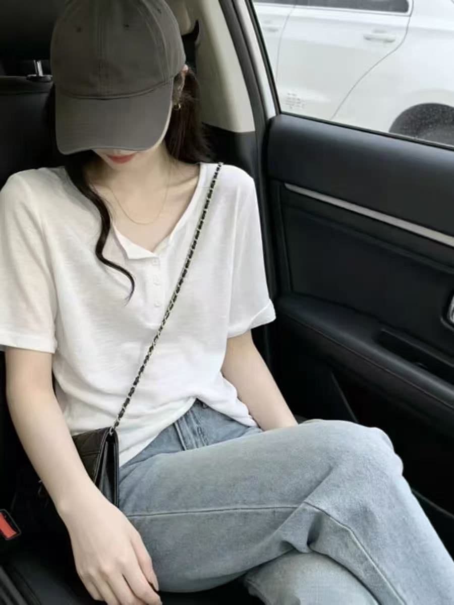 눈꽃 면 캐주얼 느긋한 바람 반팔 티셔츠 여성 여름 패션 디자인 센스 긍정적 인 어깨 의류 상세 이미지 4