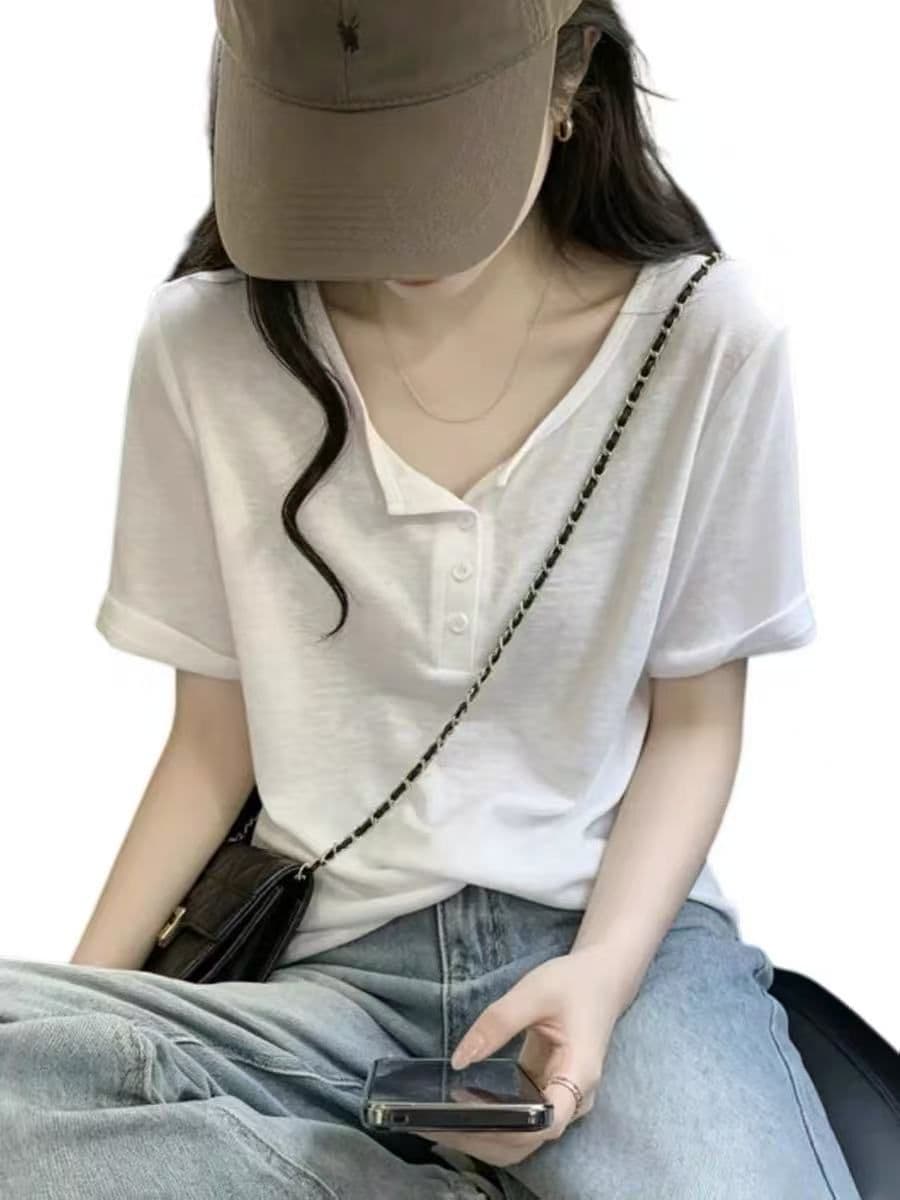 눈꽃 면 캐주얼 느긋한 바람 반팔 티셔츠 여성 여름 패션 디자인 센스 긍정적 인 어깨 의류 상세 이미지 6