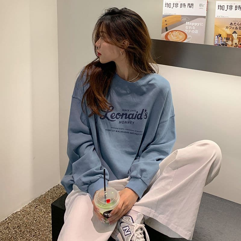 가을 의상 새로운 한국 스타일 알파벳 프린트 라운드 넥 후드티 여성 이미지 3