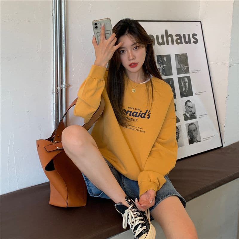 가을 의상 새로운 한국 스타일 알파벳 프린트 라운드 넥 후드티 여성 상세 이미지 28
