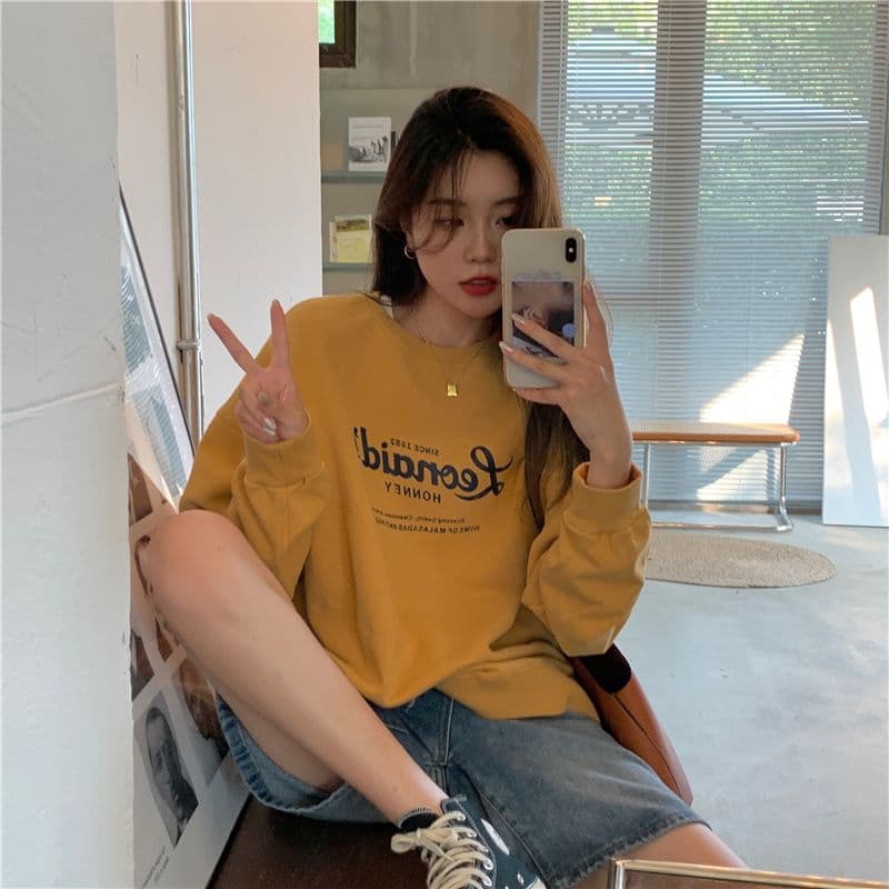 가을 의상 새로운 한국 스타일 알파벳 프린트 라운드 넥 후드티 여성 상세 이미지 33
