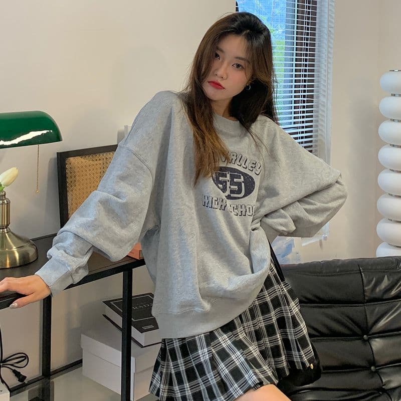 레트로 프린트 라운드 넥 후드티 여성 가을 의상 얇은 스타일 이미지 4